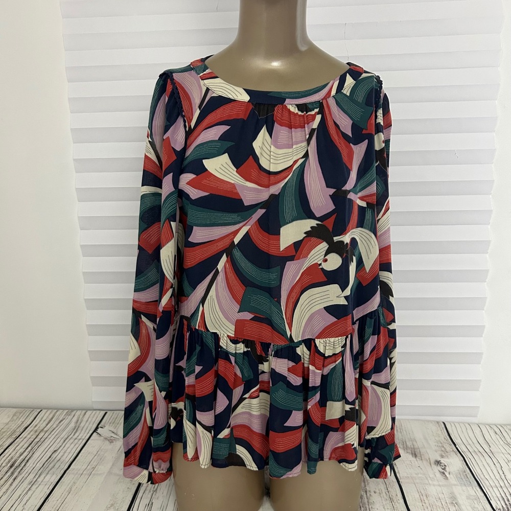 Maeve by Anthropologie Abstract Geometric Peplum Blouse Navy Red Small